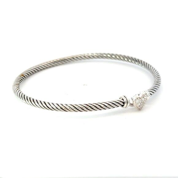 David Yurman Diamond Cuff Bracelet Size M 7.5" 3 mm Sterling Silver Estate DY642 - Picture 3 of 5